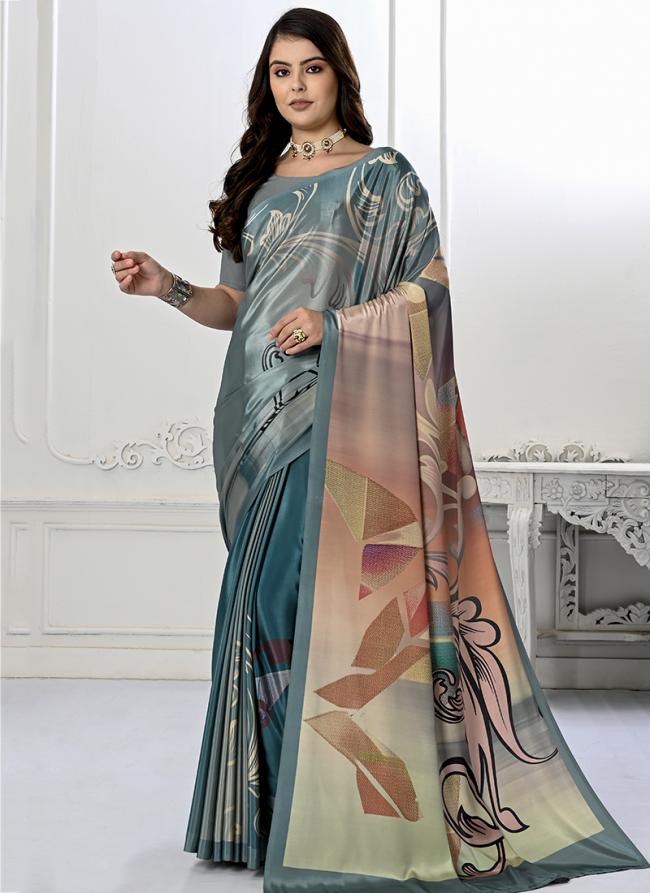 Crepe Soft Silk Teal Blue Traditional Wear Printed Saree